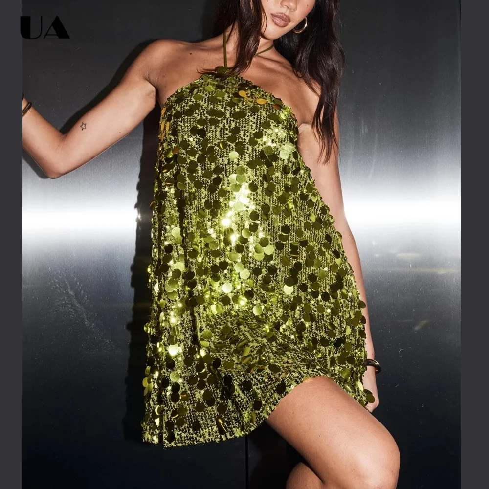 ULBYANRY Summer New Halterneck Sequins Mini Dress, Sexy Loose Backless Cocktail Party Dress, Customized Lace-up Short Dress