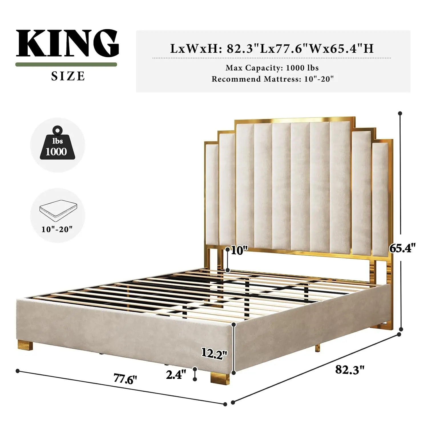 Velvet Upholstered King Bed Gold Trim Headboard Cream, Customized