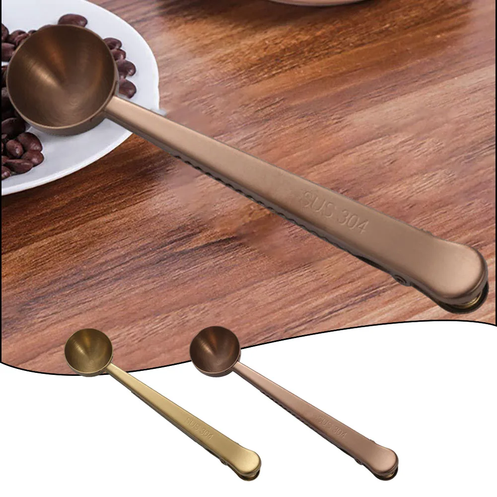 2 In 1 Multifunction Kitchen Supplies Coffee Scoop With Clip Stainless Steel Tea Measuring Cup Scoop Spoons Rose Gold