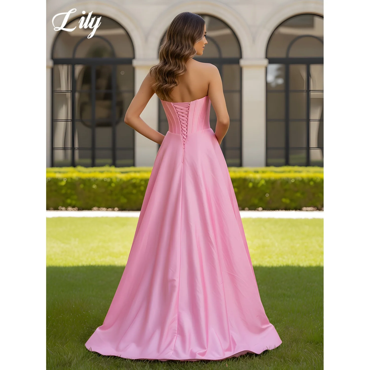 Lily Pink Satin A-Line Prom Dress Strapless Side Split Evening Dress With 3D Bows Princess robe de soirée For Women Customized