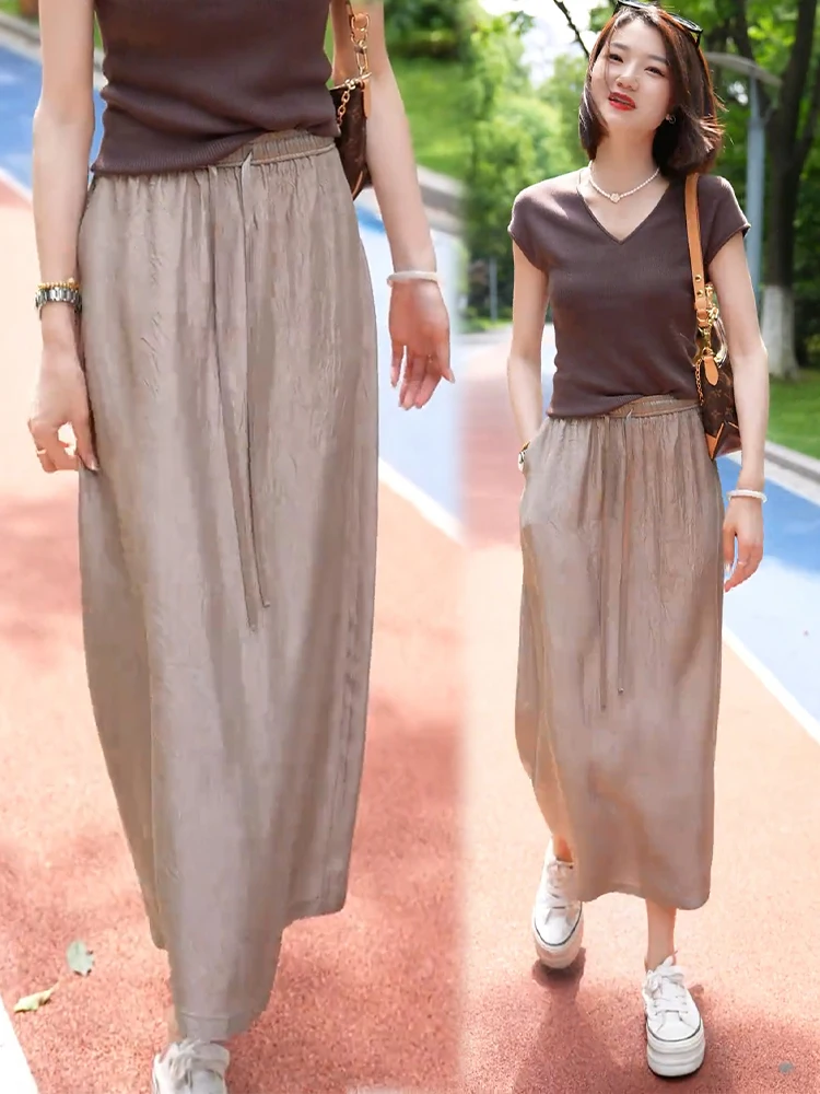 

Acetate Satin Ice Silk High Waist A-Line Skirt Thin Summer New Style Dreamy Elegant Commute Korean Style Straight Tube Long S...