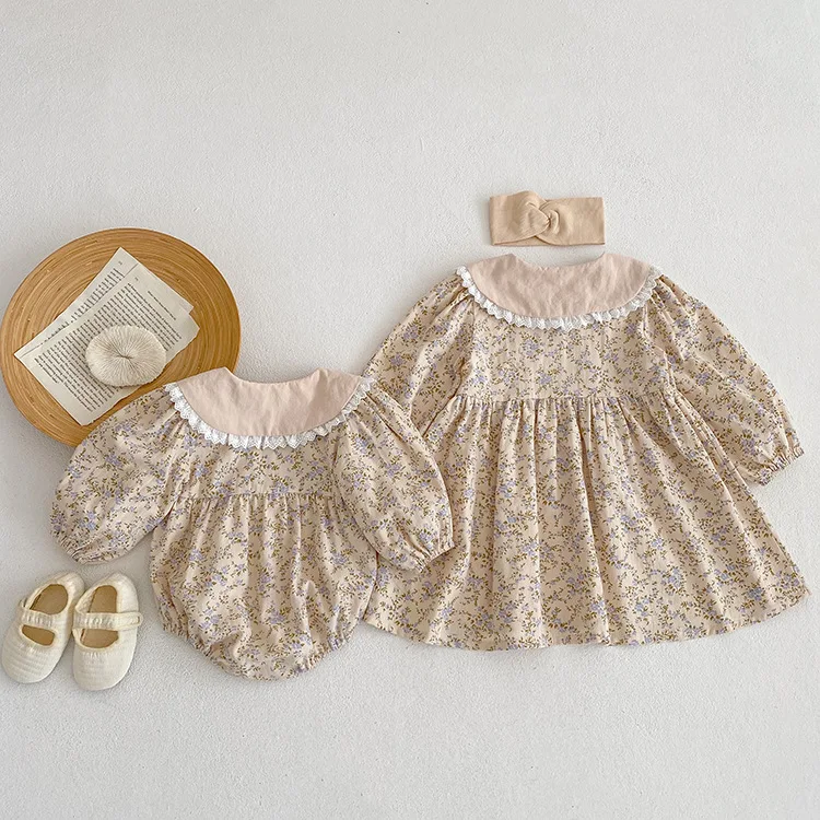 ‌2025 Spring Fall Korean Girls Floral Print Romper Kids Dresses with Lace Trim Sister Outfit for Toddler Infant Clothes