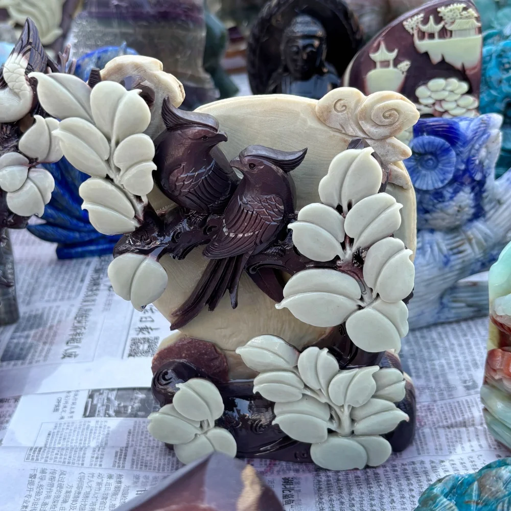 Natural Purple Jade Hand Carved Double Birds Figurine, Crystal Mandarin Bird Statue, Stone Home Wedding Decor Art Gift