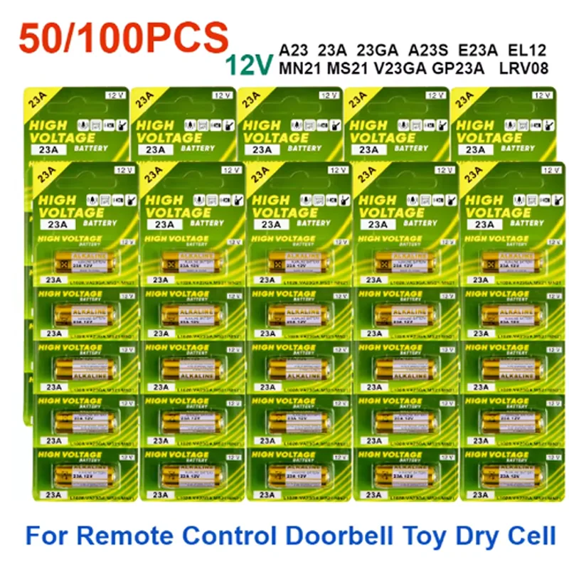 50PCS 12V Alkaline Battery A23 23A 23GA A23S E23A EL12 MN21 MS21 V23GA L1028 GP23A LRV08 for Remote Control Doorbell Dry Cell