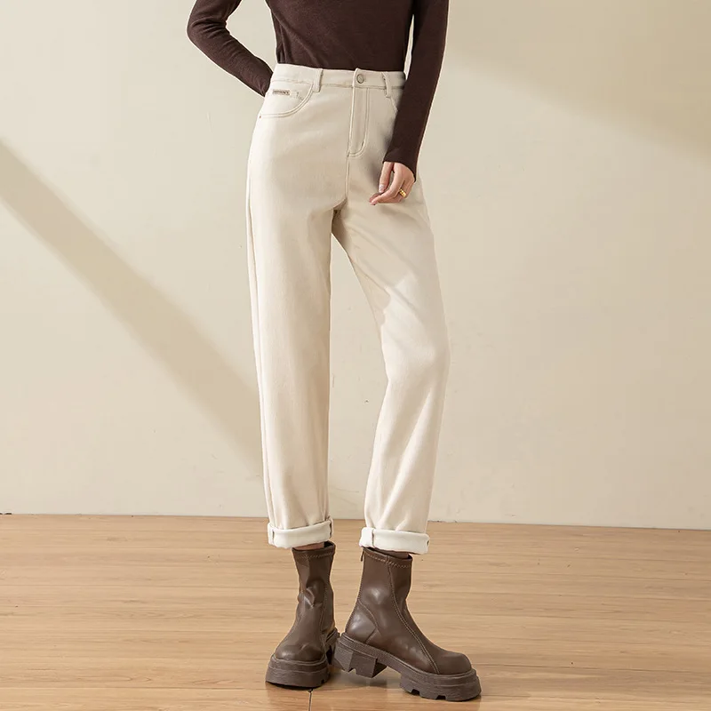 

High Waist Fce Lined Beige Denim Jeans Women's Winter Thiened Harlan Pants Straight Leg Dad Jeans Slimming Effect