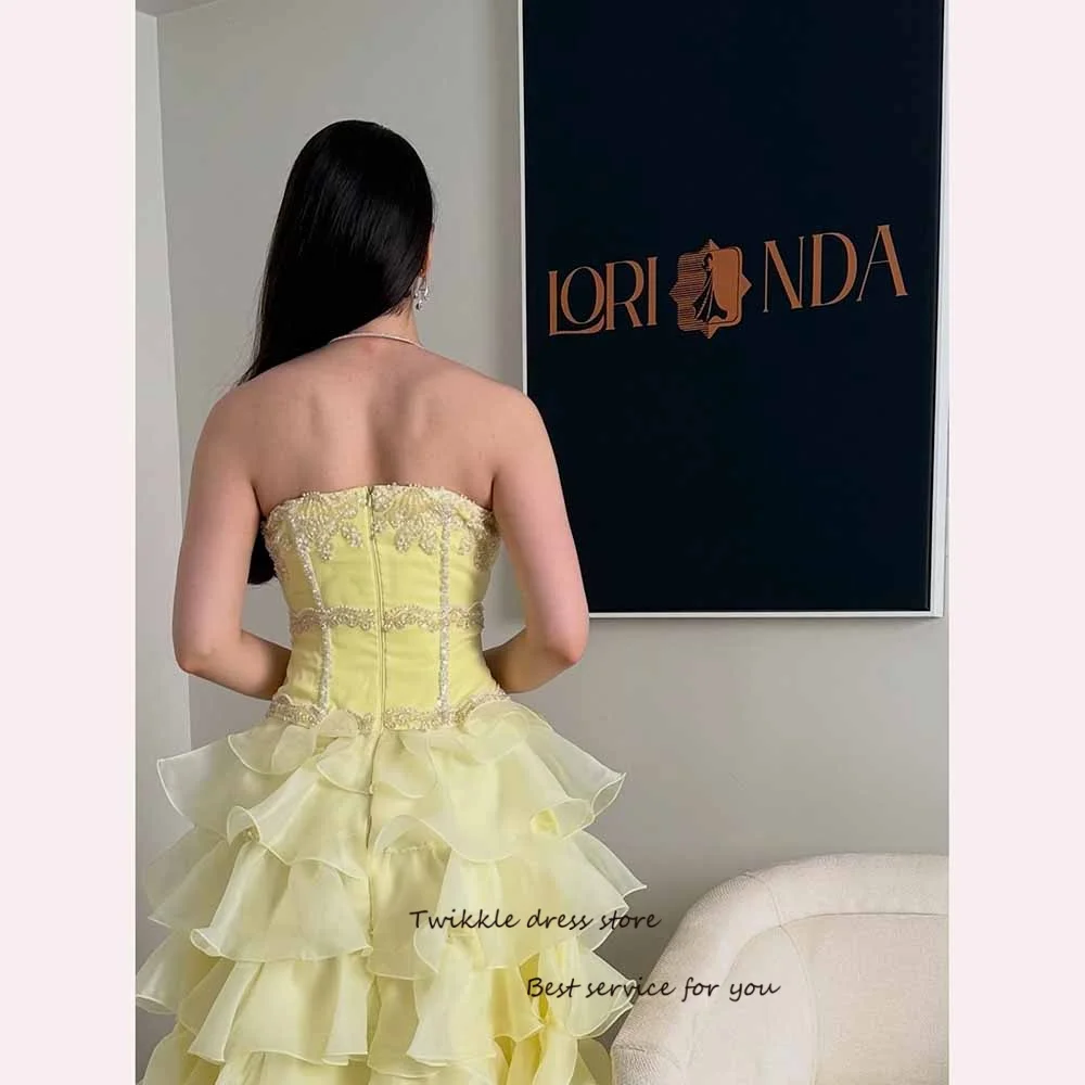 Tiered Organza Evening Dresses Strapless A-Line Sequined Beaded Sexy Prom Dress For Women Yellow Formal Gowns Customized