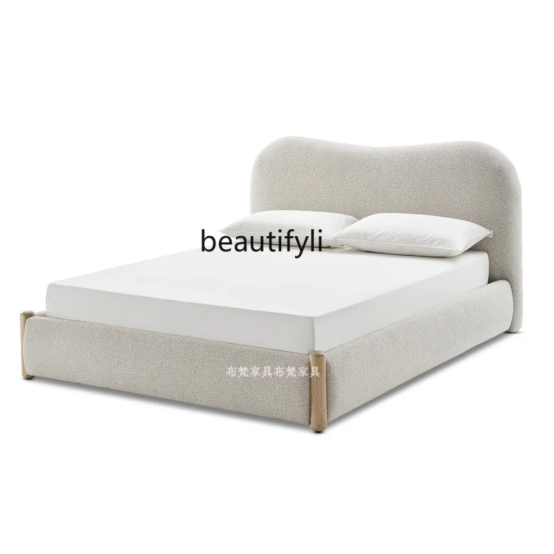 

Nordic lamb wool wabi-sabi double bed French cream style designer simple, floor-to-ceiling bed