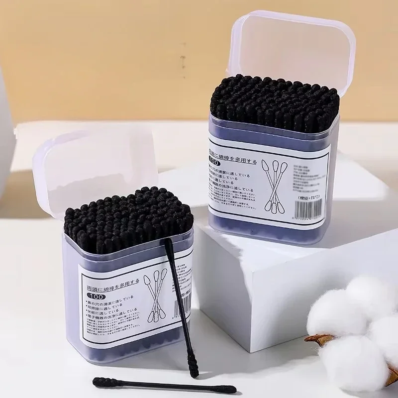 

New Boxed Black Cotton Swabs Japanese Earpick Cotton Swabs Clean Blackhead Earpick Disposable Double-ended Cotton Swabs