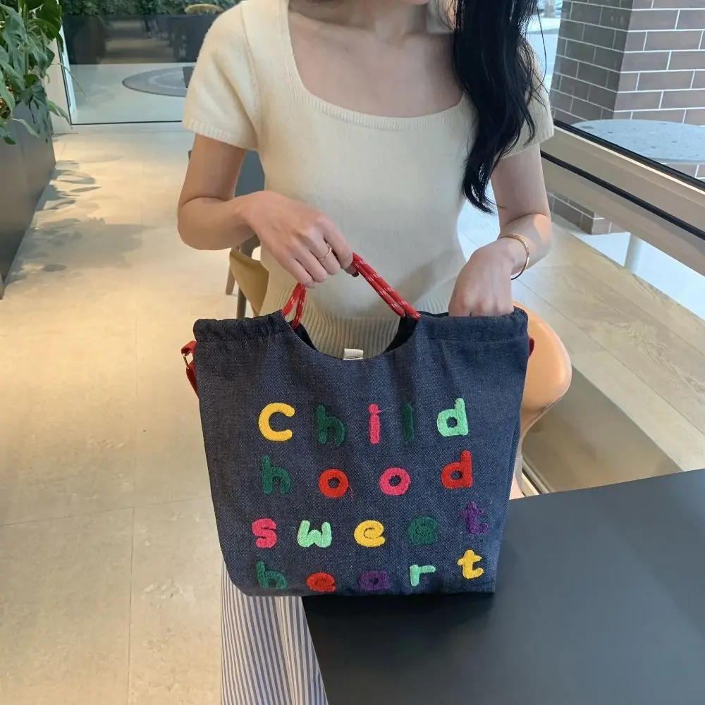 

Denim Fabric Letter Embroidery Handbag Nylon Printing Drawstring Tote Bag Korean Style Storage Bag INS Shoulder Bags Women