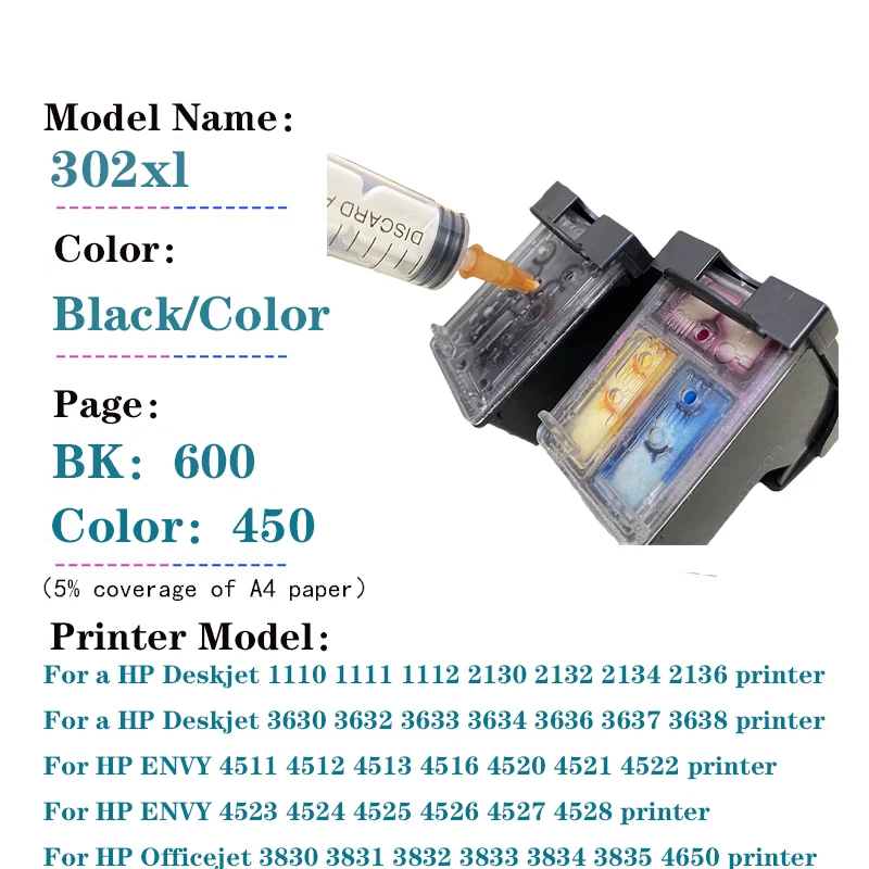 Vilaxh For hp 302 Ink Cartridge For hp 302 xl DeskJet 1110 2130 for HP302XL Envy 4520 4523 Officejet 3630 3639 printer