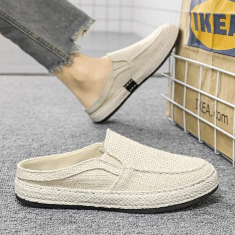 Summer men's shoes slip-on loafers half slipper men's casual slippers Student linen hipster shoes men's style M1003