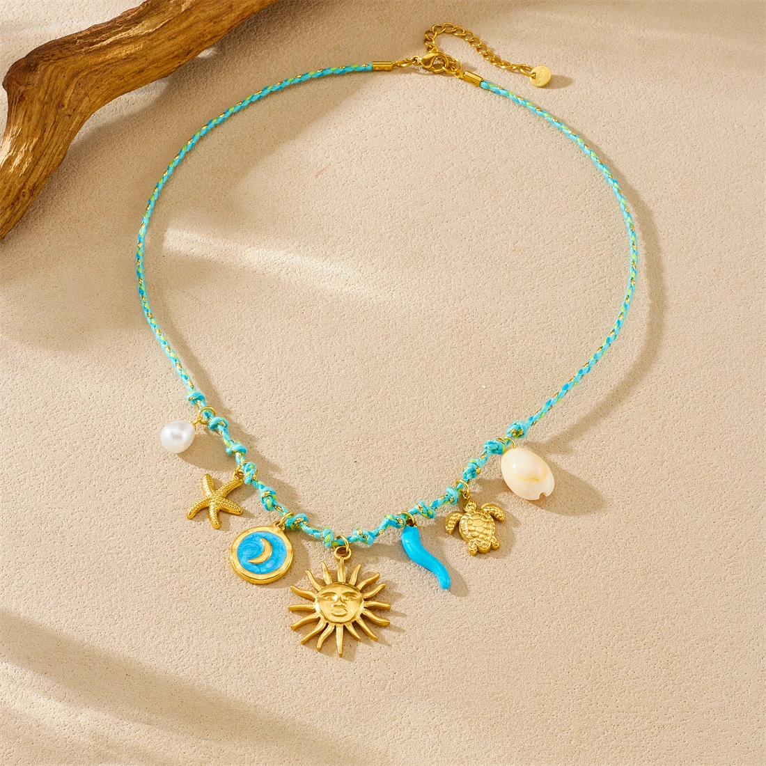 LAMENGLY azul goteo aceite Luna pimienta cara sol estrella de mar tortuga collar mujeres 316L Acero inoxidable clásico estilo océano cadena de cuello