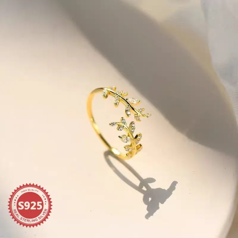 

S925 Sterling Silver Diamond-Encrusted Leaf Open Ring, Forest-Themed Sweet and Elegant High-Quality Finger Ring