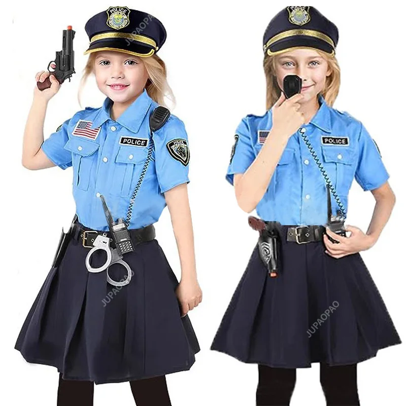 Uniforme de cosplay de récréation d'officier de police de petit flic de filles mignonnes pour des enfants imbibés, costume d'Halloween le plus cool, S-L de robe de paupières d'enfant