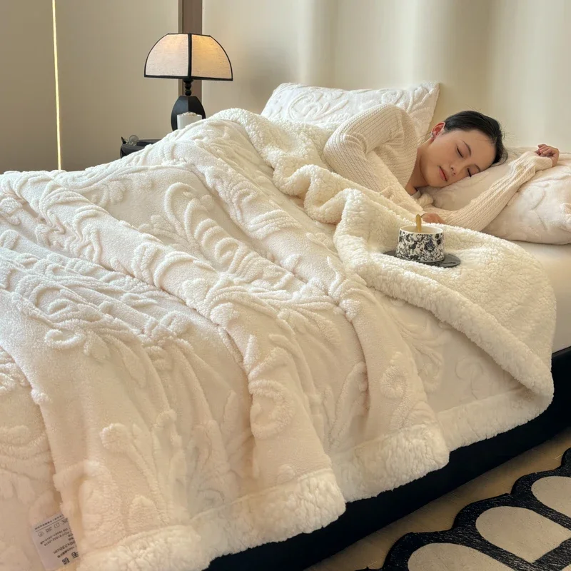 Autumn Winter Cozy Warm Multi-functional Jacquard Throw Blanket Soft Fluffy Double-layer Thicken Lambswool Blankets for Sofa Bed