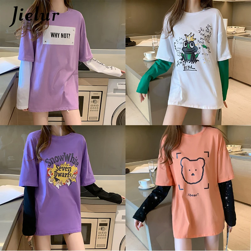 Basic Cartoon Print T-shirt M-XXL Korean Fashion Patchwork Fake 2 Piece Woman T-shirts 6 Color Tops O-Neck Tee Shirt Women