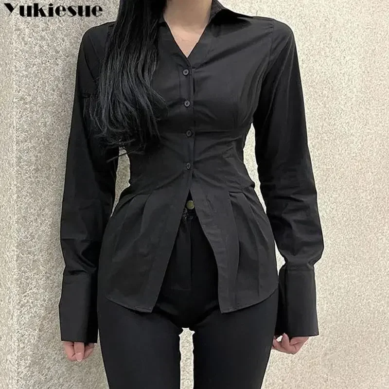 

Весенняя корейская модная универсальная однотонная рубашка с запахом на талии, плиссированная рубашка-поло в стиле ретро, новый тренд, модная уличная одежда в стиле Харадзюку, эстетика