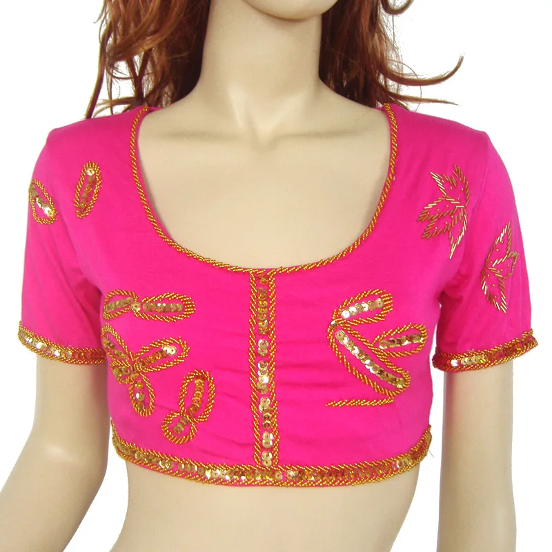 Girls Tops Handmade Beaded Embroidered Indian Lehenga Choli Tops Luxurious Sequin Decoration Round Neck Short Sleeves