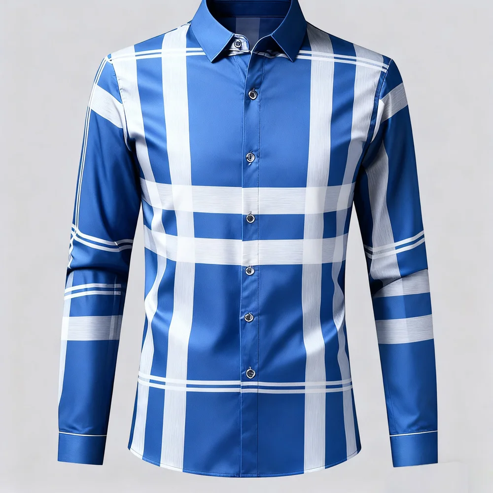 Men's New Light Color Casual Simple Business Checkered 3D Printed Shirt Men's Home Party Company Party Long-sleeved Outer Top