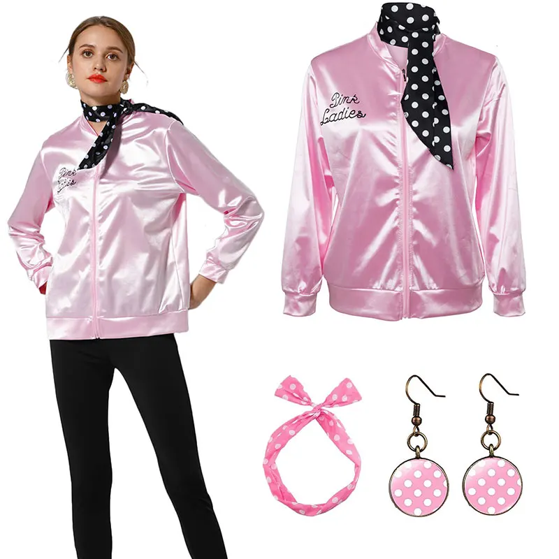 

Retro 50s Girls Pink Ladies Grease Jacket with Neck Scarf Halloween Carnival Costumes Pink Coat Top