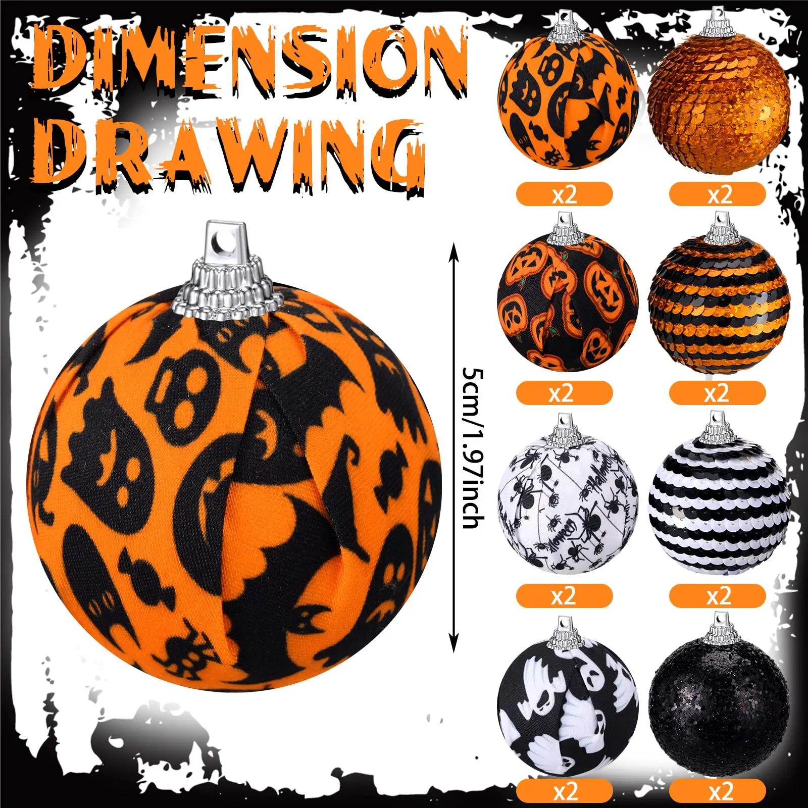 Halloween Ornaments Tree Decorations Indoor, 16ct 2 Inch Shatterproof Decorative Hanging Ball Ornaments Set for Tree