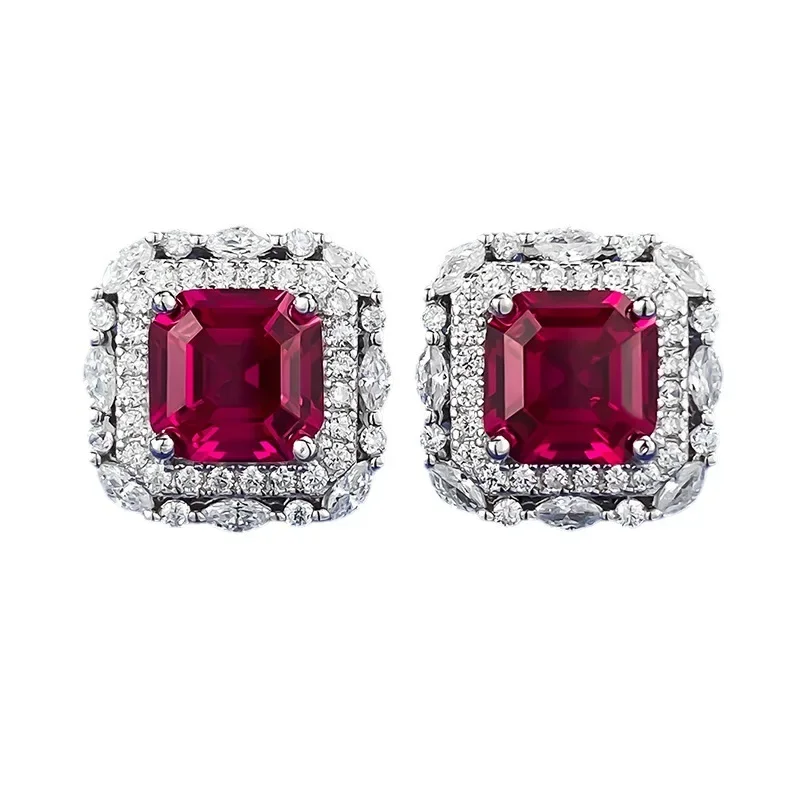 

Spring Qiaoer Vintage 925 Sterling Silver Asscher Cut 7*7 MM Ruby High Carbon Diamond Gemstone Studs Earrings Jewelry