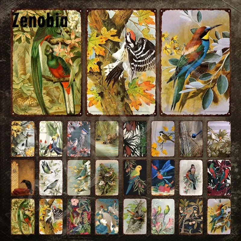 Metal Sign Wall Decor Flowers and Birds Vintage Tin Sign Decorative Iron Painting Wall Art Stickers Metal Plate for Home Decor