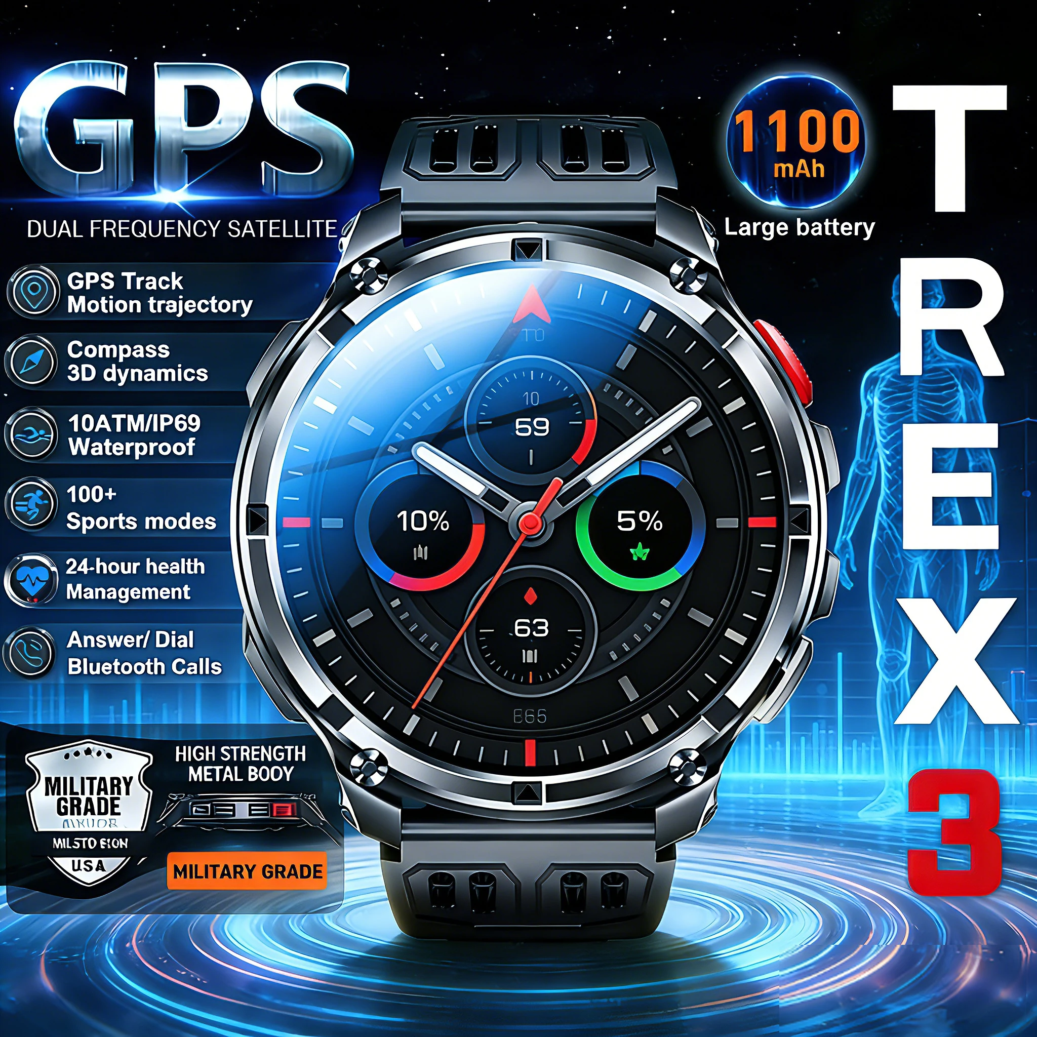 

T-Rex3 Pro Military Smart Watch with GPS Compass Rugged Clock Men with 1100mAh Extra-Large Battery Sports Fitness Swim Watches