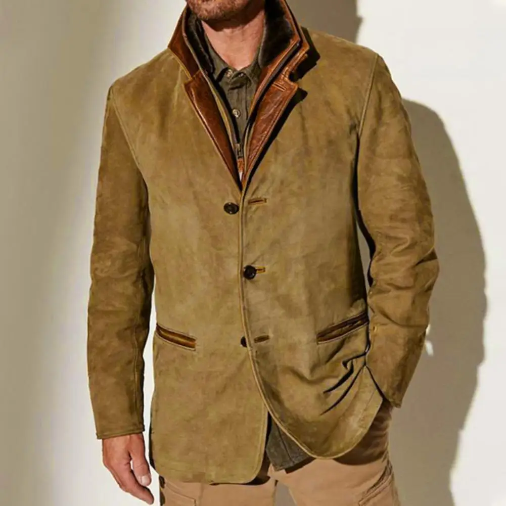 Chaqueta de invierno de retazos Retro de dos piezas con Bolsillos falsos, cárdigan de un solo pecho, manga larga, abrigo grueso de felpa de talla grande para hombre