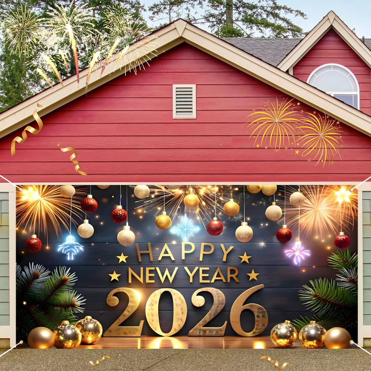 2026 سنة جديدة سعيدة باب المرآب الديكور راية السنة الجديدة خلفية عطلة حفلة المنزل ساحة جدار ديكور التصوير خلفية #3