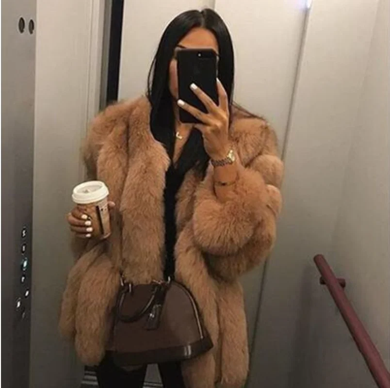 Luxury Long Faux Fox Fur Coat Women Slim Solid Color Faux Fur Jacket Women 4XL Large Size Winter Fake Fur Coats Manteau Fourrure