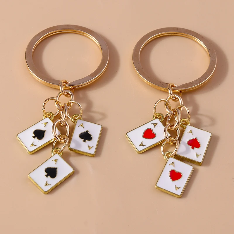 Creative Enamel Heart Ace Poker Keychain Playing Cards Keyring Pendants for Women Girl Handbag Accessories DIY Jewelry Gifts