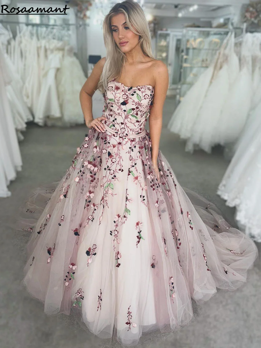 Colorful Flower Wedding Dress Boho Fairy tale A Line 3D Florals Rustic Country Bridal Gowns Tulle Whimsical Bride 2024