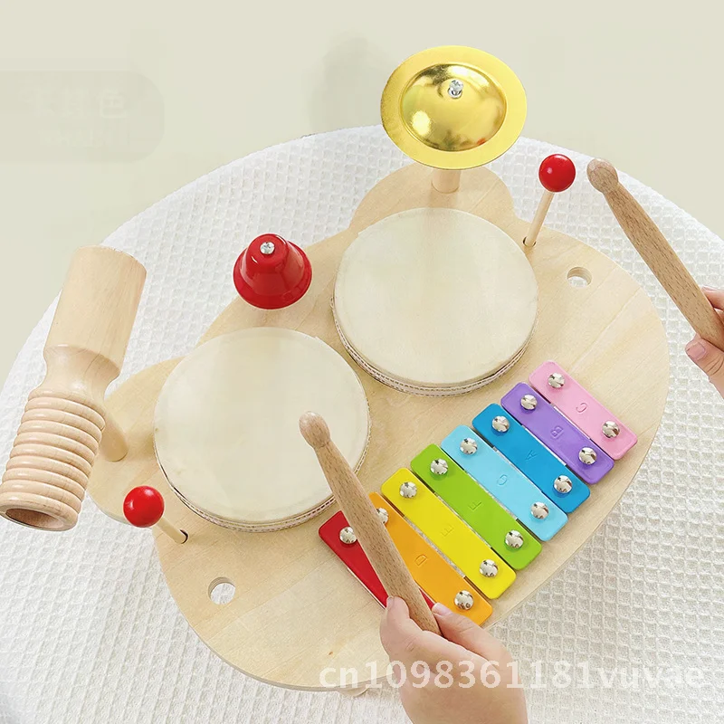 Children's Wooden Multifunctional Percussion Instrument Drumming Gong Baby Hand Drum Educational Toy for Music Learning And