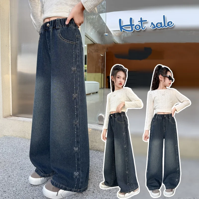 

Girls Jeans 4-14Year Teen Wide Leg Denim Teenage Vintage Trousers Toddler Girl Casual Fashion Denim Bottom Kids Softy Long Pants