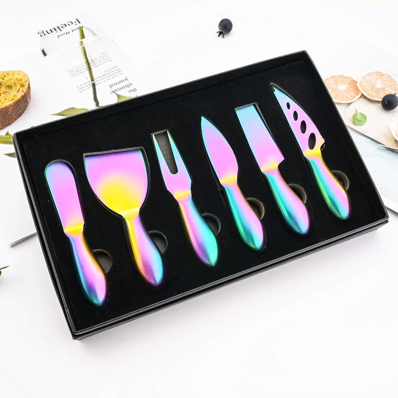 Rainbow 7Pcs Cheese Knife Set Stainless Steel Butter Spreader Cheese Cutter Slicer Fork Kitchen Useful Breakfast Cooking Tools