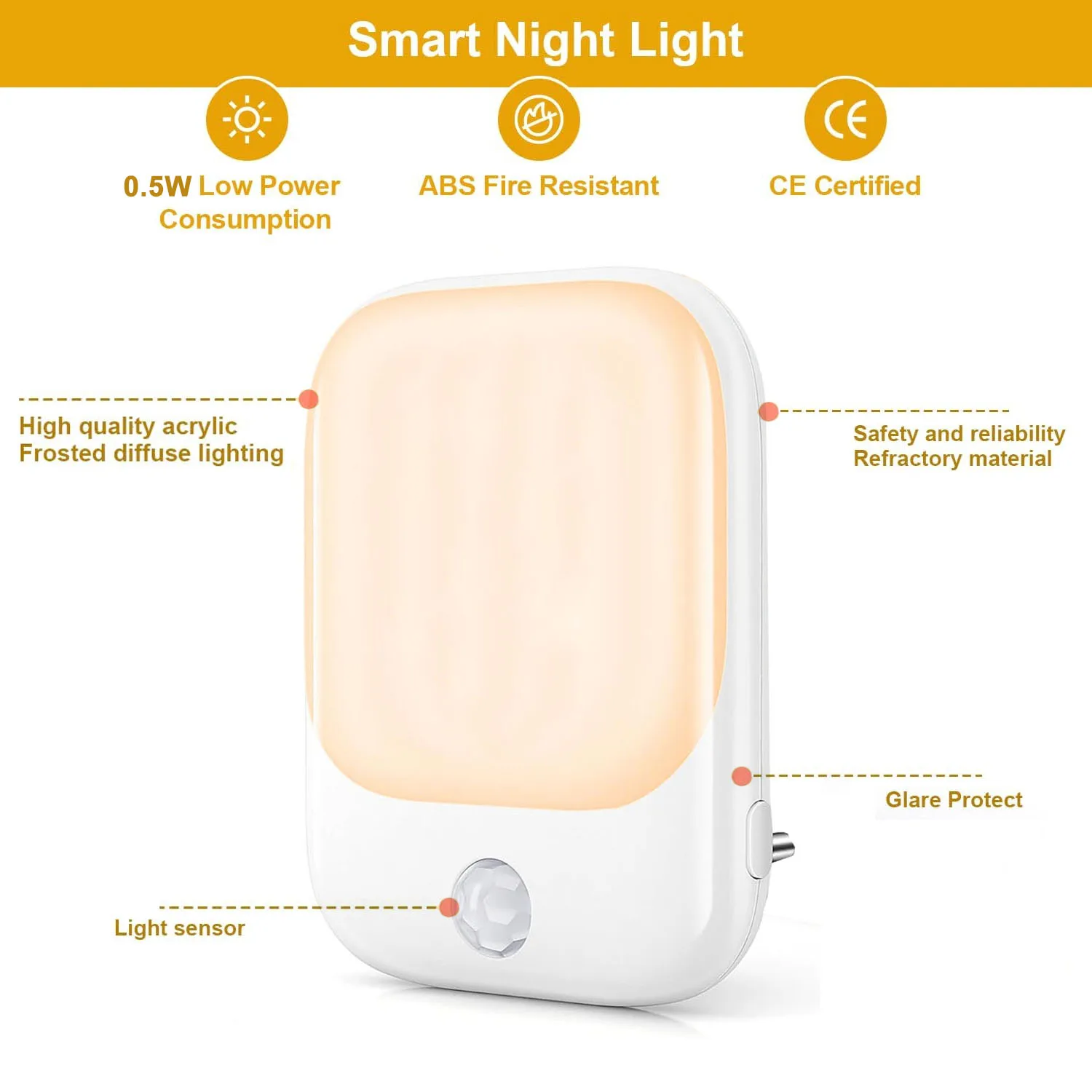 2pcs Night Light Socket with Motion Sensor, Night Light 3-Level Brightness Adjustment (On/Auto/Off), 2700K Warm White Night