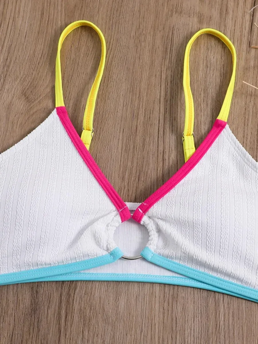 White Patchwork Swimsuit for Women 2025 New 2 Piece Color Contrast High Waist Bikini Sexy Hollow Out V-neck Suspender Swimwear