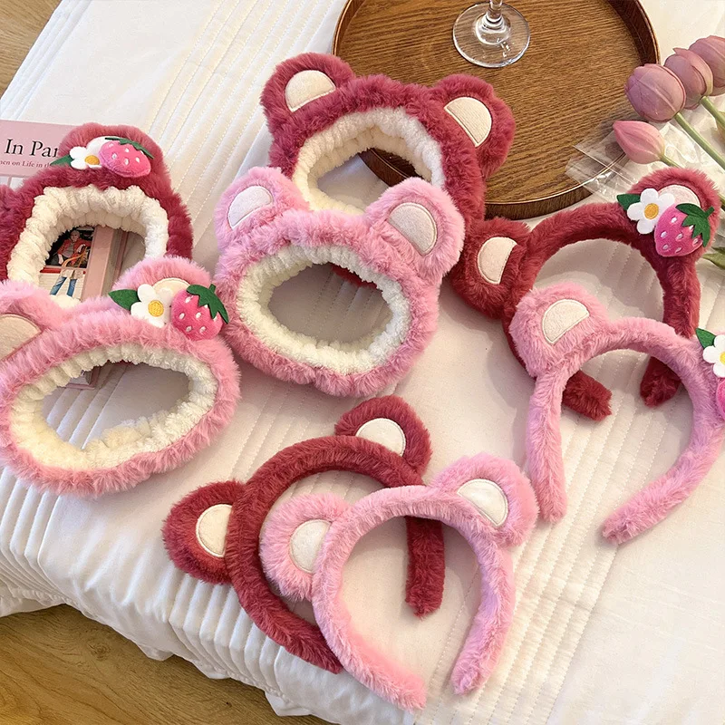 Kawaii Hairband Strawberry Bear Plush Ears Headband Cartoon Face Wash Non-Slip Cute Headdress Hair Hoop Headband Accessoires