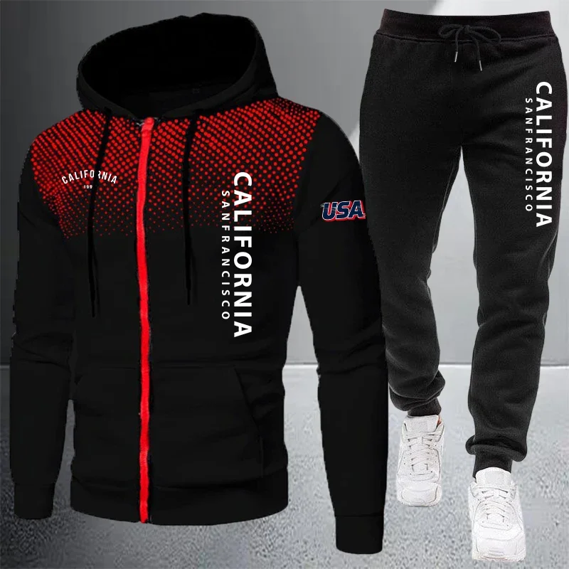 Hot Sales Men's Jacket Tracksuit Printed Zipper Hooded Sweatshirt Dot Coat Autumn Winter Sports Clothes Casual Single Tops Pants view 2