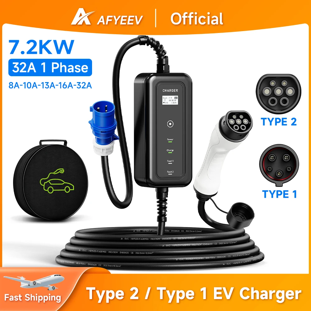 AFYEEV caricatore portatile EV Wallbox Type2 cavo 32A 7.2KW spina CEE EVSE Type1 scatola di ricarica j1772 adattatore per veicolo elettrico