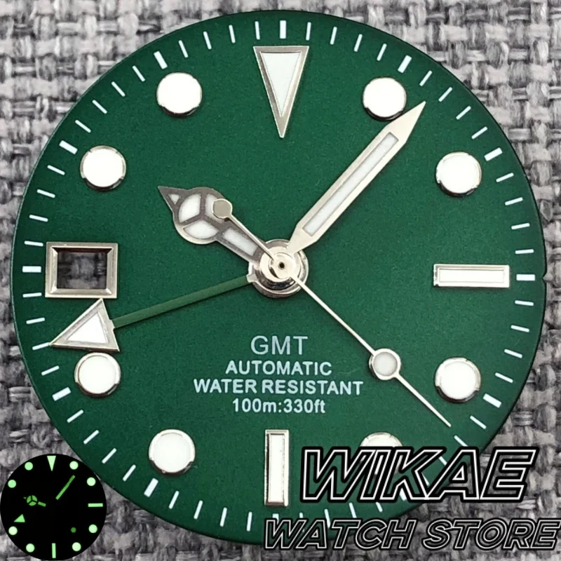 

29 мм левая стрелка, зеленый циферблат часов GMT, черный, синий, красный, оранжевый, циферблат часов, дата 9 часов, зеленый, светящийся, подходит для часов с механизмом NH34, детали