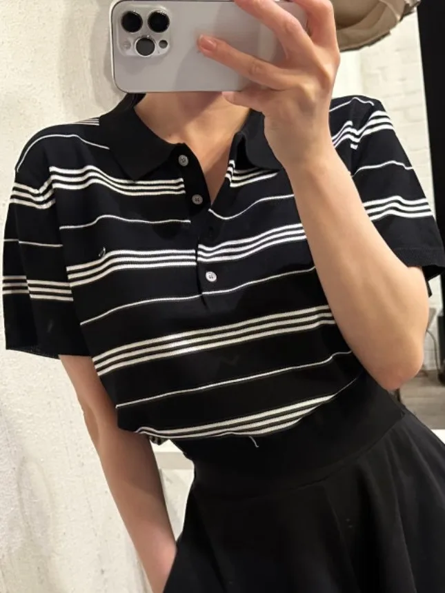 スリムフィット ストライプ ポロシャツ Tシャツ レディース 夏 半袖 アメリカン ヴィンテージ トップス トレンディ 通勤スタイル レギュラーフィット 中程度の柔らかさ
