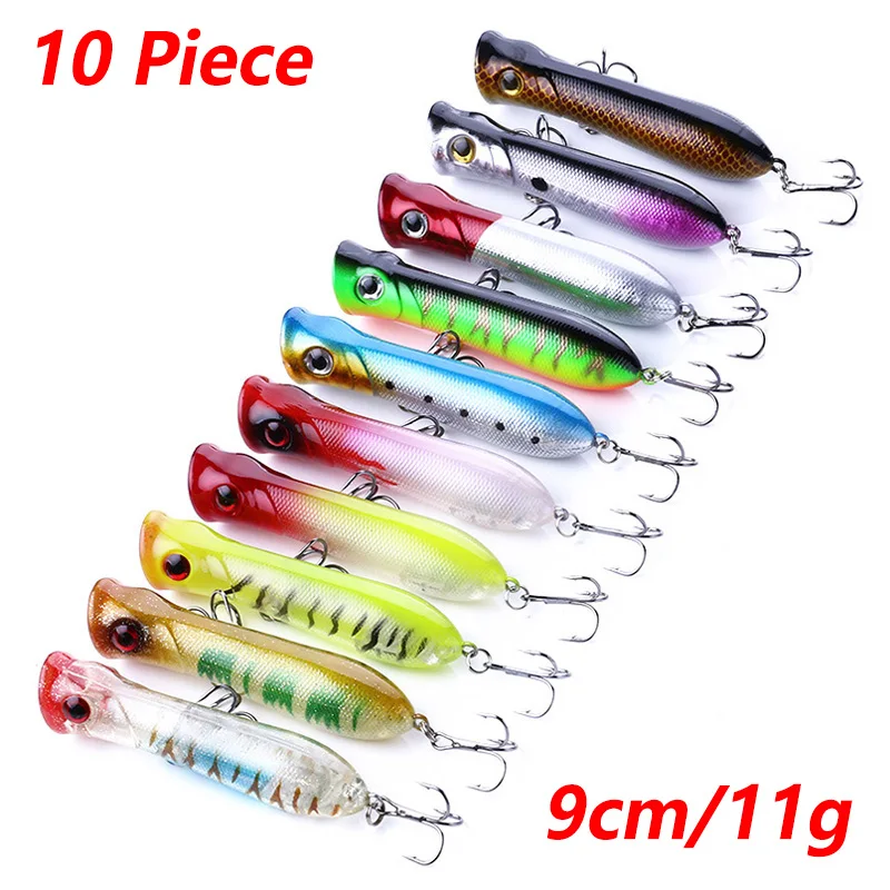 

10 Pcs Topwater Fishing Lure Set Mix Colors​ Popper Wobblers Swimbaits Plastic Artificial Bait Bass Crankbait Fishing Tackle​