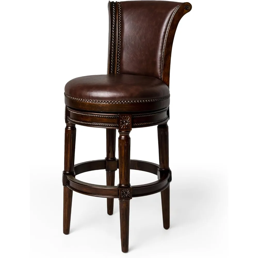 31 Inch Tall Bar Height Upholstered Barstool with Back in Dark Walnut Finish with Vintage Brown Vegan Leather Cushion Seat