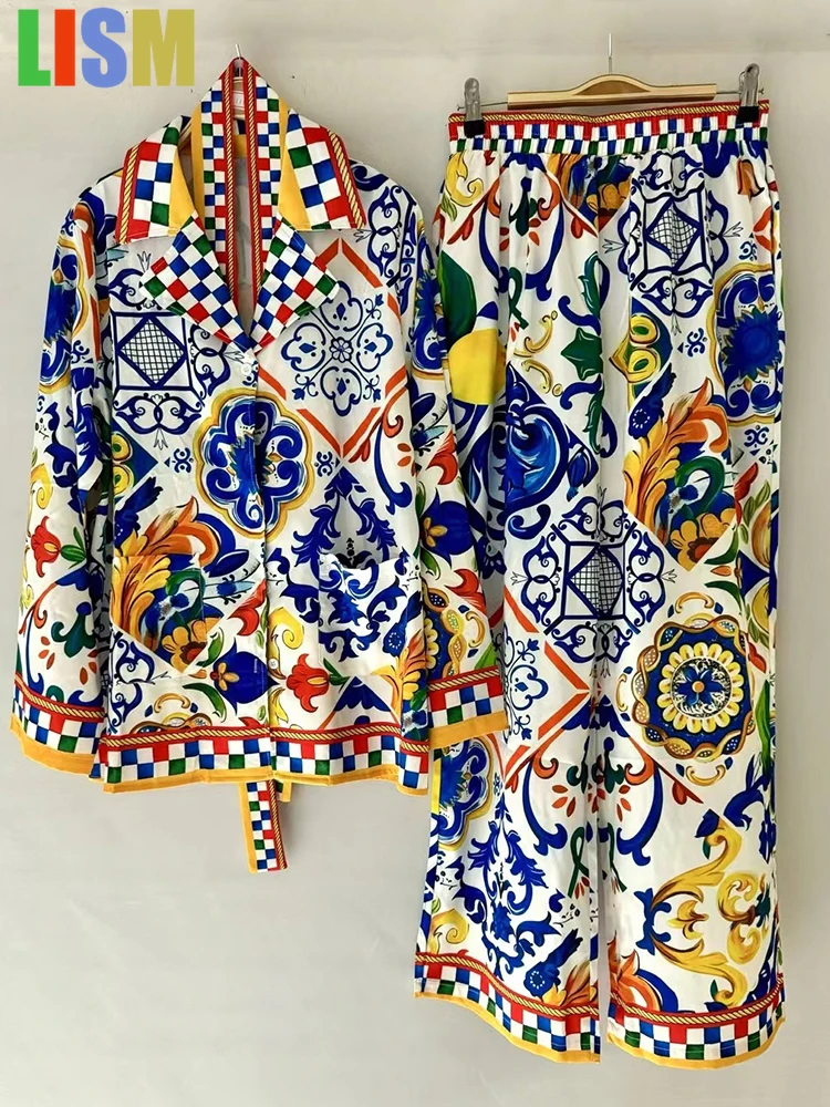 

LISM зимний женский наряд, свободная пижамная рубашка в стиле ретро с геометрическим принтом, женская одежда из двух предметов, свободные широкие брюки с эластичной резинкой на талии, комплект