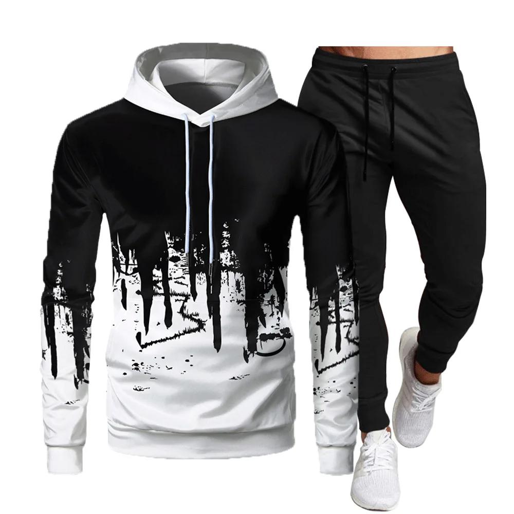 

2025 Spring and Autumn New Men Fashion Sports Hoodie Set with Splash Ink Printing Hoodie and Sports Pants Two Piece Set