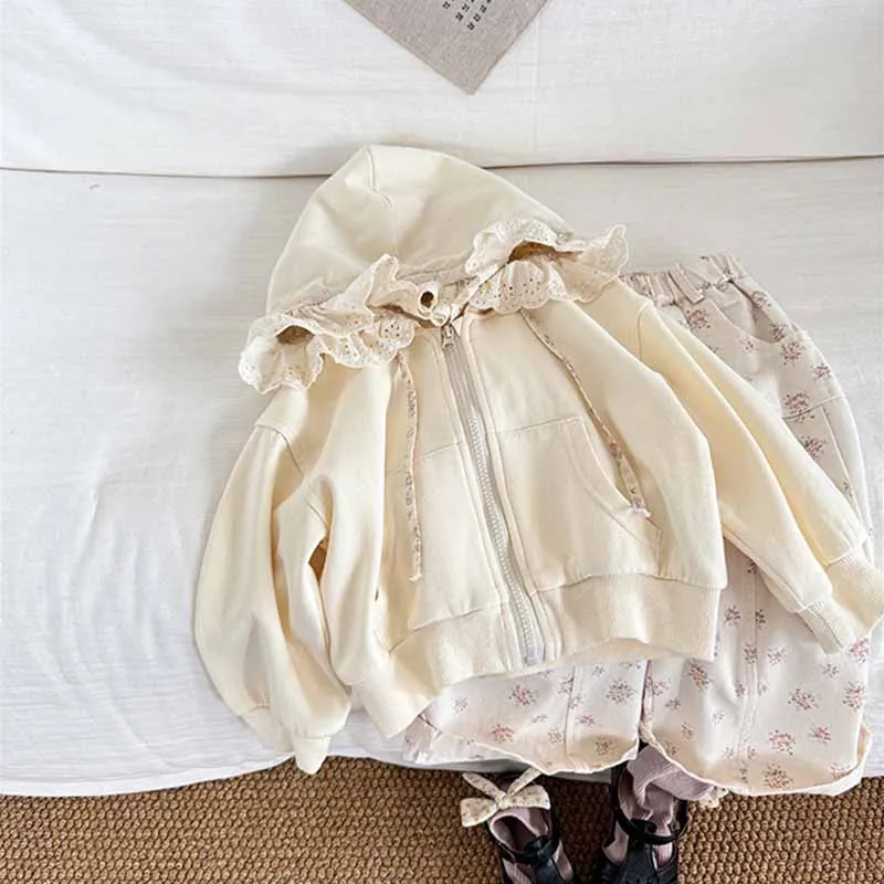 الربيع الدانتيل سترة الفتيات معطف مقنع جديد الأطفال لطيف الحلو ملابس خارجية طفل بأكمام طويلة سستة رداء علوي غير رسمي الخريف موضة الملابس