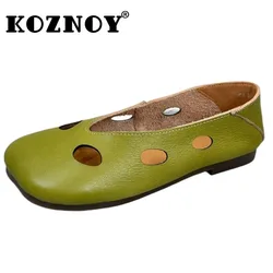 Koznoy 1.5cm płaskie buty ze skóry naturalnej letnie damskie wydrążone elegancja kobiety płytkie mokasyny z miękkimi podeszwami wygodne sandały buty w stylu etnicznym