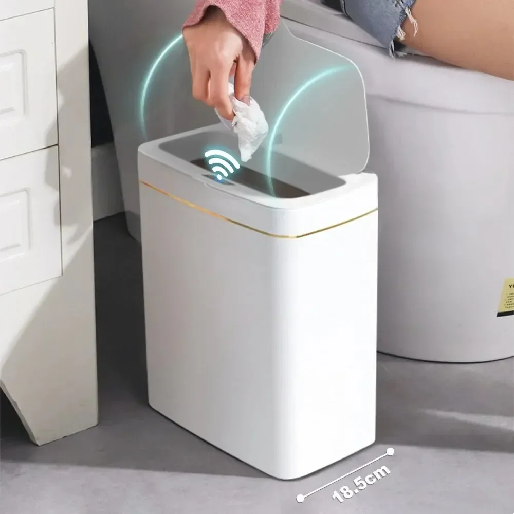 18L Smart Bathroom Trash Can Automatic Bagging Electronic Trash Can White Touchless Narrow Smart Sensor Garbage Bin Smart Home